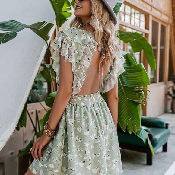 sage v neck floral ruffle open back boho dress - Picture 2 of 9